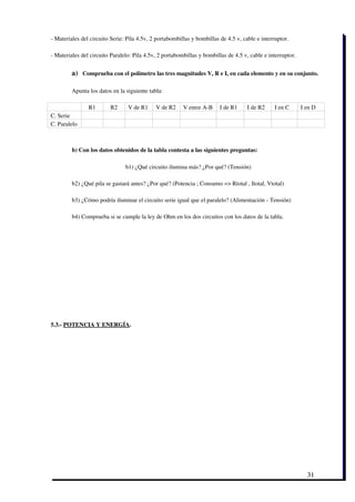 ­ Materiales del circuito Serie: Pila 4.5v, 2 portabombillas y bombillas de 4.5 v, cable e interruptor.

­ Materiales del circuito Paralelo: Pila 4.5v, 2 portabombillas y bombillas de 4.5 v, cable e interruptor.


                 a) Comprueba con el polímetro las tres magnitudes V, R e I, en cada elemento y en su conjunto.

                 Apunta los datos en la siguiente tabla:

                        R1       R2      V de R1     V de R2   V entre A­B     I de R1    I de R2     I en C   I en D
C. Serie
C. Paralelo



                 b) Con los datos obtenidos de la tabla contesta a las siguientes preguntas:

                                        b1) ¿Qué circuito ilumina más? ¿Por qué? (Tensión)

                 b2) ¿Qué pila se gastará antes? ¿Por qué? (Potencia ; Consumo => Rtotal , Itotal, Vtotal)
              
                 b3) ¿Cómo podría iluminar el circuito serie igual que el paralelo? (Alimentación ­ Tensión)

                 b4) Comprueba si se cumple la ley de Ohm en los dos circuitos con los datos de la tabla.




5.3.­ POTENCIA Y ENERGÍA.




                                                                                                                 31
 