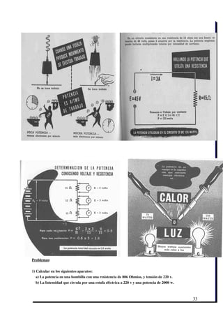 Problemas:


1) Calcular en los siguientes aparatos:
    a) La potencia en una bombilla con una resistencia de 806 Ohmios, y tensión de 220 v.
    b) La Intensidad que circula por una estufa eléctrica a 220 v y una potencia de 2000 w. 



                                                                                               33
 