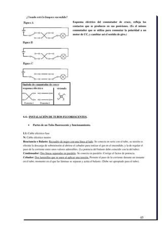 Esquema   eléctrico   del   conmutador   de   cruce,   refleja   los
                                              contactos   que   se   producen   en   sus   posiciones.   (Es   el   mismo
                                              conmutador que se utiliza para conmutar la polaridad a un
                                              motor de CC, y cambiar así el sentido de giro.)




6.4.­ INSTALACIÓN DE TUBOS FLUORESCENTES.


    •    Partes de un Tubo fluorescente y funcionamiento.


L1: Cable eléctrico fase
N: Cable eléctrico neutro
Reactancia o Balasto: Recuadro de negro con una línea al lado. Se conecta en serie con el tubo, su misión es
efectúa la descarga de sobretensión al abrirse el cebador para ionizar el gas en el encendido, y la de regular el
paso de la corriente entre unos valores admisibles. (La potencia del balasto debe coincidir con la del tubo).
Condensador: Dos líneas separadas en paralelo. Se conecta en paralelo. Corrige el factor de potencia.
Cebador: Dos laminillas que se unen al aplicar una tensión. Permite el paso de la corriente durante un instante
en el tubo, momento en el que las láminas se separan y actúa el balasto. (Debe ser apropiado para el tubo).  




                                                                                                                  45
 