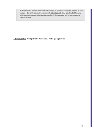 Si el contador nos consume, estando enchufados, pero no en marcha los aparatos, tenemos un falso
         contacto o derivación a tierra, (¡y es peligroso!). ¿Y qué aparato tiene la derivación? Se puede
         saber conectándolos todos sin ponerlos en marcha, e ir desconectando uno por uno hasta que el
         contador no ande.




Actividad práctica: Montaje de tubos fluorescente y efectos que se producen




                                                                                                      48
 