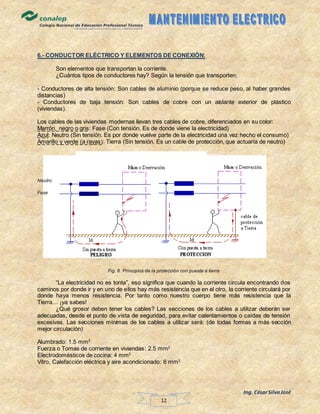 Ing. CésarSilvaJosé
12
6.- CONDUCTOR ELÉCTRICO Y ELEMENTOS DE CONEXIÓN:
Son elementos que transportan la corriente.
¿Cuántos tipos de conductores hay? Según la tensión que transporten:
- Conductores de alta tensión: Son cables de aluminio (porque se reduce peso, al haber grandes
distancias)
- Conductores de baja tensión: Son cables de cobre con un aislante exterior de plástico
(viviendas).
Los cables de las viviendas modernas llevan tres cables de cobre, diferenciados en su color:
Marrón, negro o gris: Fase (Con tensión. Es de donde viene la electricidad)
Azul: Neutro (Sin tensión. Es por donde vuelve parte de la electricidad una vez hecho el consumo)
Amarillo y verde (a rayas): Tierra (Sin tensión. Es un cable de protección, que actuaría de neutro)
Neutro
Fase
Fig. 8. Principios de la protección con puesta a tierra
“La electricidad no es tonta”, eso significa que cuando la corriente circula encontrando dos
caminos por donde ir y en uno de ellos hay más resistencia que en el otro, la corriente circulará por
donde haya menos resistencia. Por tanto como nuestro cuerpo tiene más resistencia que la
Tierra… ¡ya sabes!
¿Qué grosor deben tener los cables? Las secciones de los cables a utilizar deberán ser
adecuadas, desde el punto de vista de seguridad, para evitar calentamientos o caídas de tensión
excesivas. Las secciones mínimas de los cables a utilizar será: (de todas formas a más sección
mejor circulación)
Alumbrado: 1.5 mm2
Fuerza o Tomas de corriente en viviendas: 2.5 mm2
Electrodomésticos de cocina: 4 mm2
Vitro, Calefacción eléctrica y aire acondicionado: 6 mm2
 