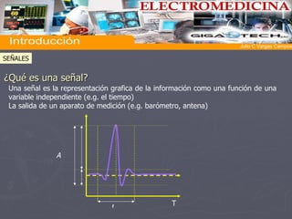 ¿Qué es una señal? Una señal es la representación grafica de la información como una función de una variable independiente (e.g. el tiempo) La salida de un aparato de medición (e.g. barómetro, antena) t A T SEÑALES Introducción  Julio C Vargas Campos 