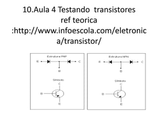 10.Aula 4 Testando transistores
ref teorica
:http://www.infoescola.com/eletronic
a/transistor/
 