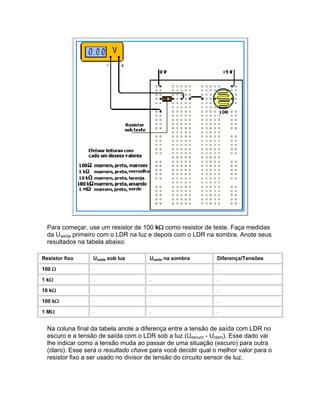 Para começar, use um resistor de 100 k como resistor de teste. Faça medidas
  da Usaída primeiro com o LDR na luz e depois com o LDR na sombra. Anote seus
  resultados na tabela abaixo:

Resistor fixo     Usaída sob luz      Usaída na sombra         Diferença/Tensões

100              .                   .                        .

1 k              .                   .                        .

10 k             .                   .                        .

100 k            .                   .                        .

1 M              .                   .                        .


  Na coluna final da tabela anote a diferença entre a tensão de saída com LDR no
  escuro e a tensão de saída com o LDR sob a luz (Uescuro - Uclaro). Esse dado vai
  lhe indicar como a tensão muda ao passar de uma situação (escuro) para outra
  (claro). Esse será o resultado chave para você decidir qual o melhor valor para o
  resistor fixo a ser usado no divisor de tensão do circuito sensor de luz.
 