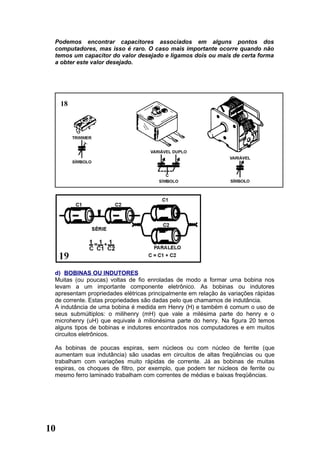 Podemos encontrar capacitores associados em alguns pontos dos
 computadores, mas isso é raro. O caso mais importante ocorre quando não
 temos um capacitor do valor desejado e ligamos dois ou mais de certa forma
 a obter este valor desejado.




 d) BOBINAS OU INDUTORES
 Muitas (ou poucas) voltas de fio enroladas de modo a formar uma bobina nos
 levam a um importante componente eletrônico. As bobinas ou indutores
 apresentam propriedades elétricas principalmente em relação ás variações rápidas
 de corrente. Estas propriedades são dadas pelo que chamamos de indutância.
 A indutância de uma bobina é medida em Henry (H) e também é comum o uso de
 seus submúltiplos: o milihenry (mH) que vale a milésima parte do henry e o
 microhenry (uH) que equivale à milionésima parte do henry. Na figura 20 temos
 alguns tipos de bobinas e indutores encontrados nos computadores e em muitos
 circuitos eletrônicos.

 As bobinas de poucas espiras, sem núcleos ou com núcleo de ferrite (que
 aumentam sua indutância) são usadas em circuitos de altas freqüências ou que
 trabalham com variações muito rápidas de corrente. Já as bobinas de muitas
 espiras, os choques de filtro, por exemplo, que podem ter núcleos de ferrite ou
 mesmo ferro laminado trabalham com correntes de médias e baixas freqüências.




10
 