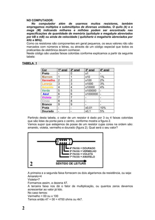 NO COMPUTADOR:
        No computador além de usarmos muitos resistores, também
    empregamos múltiplos e submúltiplos de diversas unidades, O quilo (k) e o
    mega (M) indicando milhares e milhões podem ser encontrado nas
    especificações de quantidade de memória (quilobyte e megabyte abreviados
    por kB e mB) ou ainda de velocidade ( quilohertz e megahertz abreviados por
    kHz e MHz).
    Como os resistores são componentes em geral pequenos, os seus valores não são
    marcados com números e letras, ou através de um código especial que todos os
    praticantes de eletrônica devem conhecer.
    Neste código são usadas faixas coloridas conforme explicamos a partir da seguinte
    tabela:

TABELA 1

               Cor         1º anel   2º anel    3º anel    4º anel
               Preto       -         0          x1         -
               Marrom      1         1          x10        1%
               Vermelho    2         2          x100       2%
               Laranja     3         3          x1000      3%
               Amarelo     4         4          x10000     4%
               Verde       5         5          x100000    -
               Azul        6         6          x1000000   -
               Violeta     7         7          -          -
               Cinza       8         8          -          -
               Branco      9         9          -          -
               Prata       -         -          x0,01      10%
               Dourado     -         -          x0,1       5%

    Partindo desta tabela, o valor de um resistor é dado por 3 ou 4 faixas coloridas
    que são lidas da ponta para o centro, conforme mostra a figura 2.
    Vamos supor que estejamos de posse de um resistor cujas cores na ordem são:
    amarelo, violeta, vermelho e dourado (figura 2). Qual será o seu valor?




    A primeira e a segunda faixa fornecem os dois algarismos da resistência, ou seja:
    Amarelo=4
    Violeta=7
    Formamos assim, a dezena 47.
    A terceira faixa nos dá o fator de multiplicação, ou quantos zeros devemos
    acrescentar ao valor já lido.
    No caso temos:
    Vermelho = 00 ou x 100
    Temos então 47 + 00 = 4700 ohms ou 4k7.


2
 