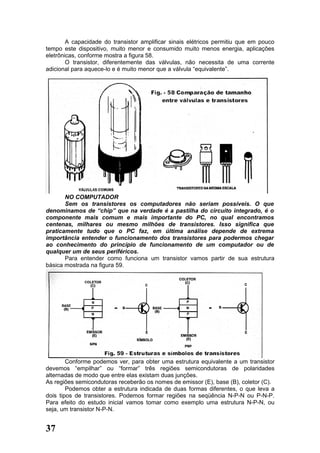 A capacidade do transistor amplificar sinais elétricos permitiu que em pouco
tempo este dispositivo, muito menor e consumido muito menos energia, aplicações
eletrônicas, conforme mostra a figura 58.
        O transistor, diferentemente das válvulas, não necessita de uma corrente
adicional para aquece-lo e é muito menor que a válvula “equivalente”.




       NO COMPUTADOR
       Sem os transistores os computadores não seriam possíveis. O que
denominamos de “chip” que na verdade é a pastilha do circuito integrado, é o
componente mais comum e mais importante do PC, no qual encontramos
centenas, milhares ou mesmo milhões de transistores. Isso significa que
praticamente tudo que o PC faz, em última análise depende de extrema
importância entender o funcionamento dos transistores para podermos chegar
ao conhecimento do princípio de funcionamento de um computador ou de
qualquer um de seus periféricos.
       Para entender como funciona um transistor vamos partir de sua estrutura
básica mostrada na figura 59.




        Conforme podemos ver, para obter uma estrutura equivalente a um transistor
devemos “empilhar” ou “formar” três regiões semicondutoras de polaridades
alternadas de modo que entre elas existam duas junções.
As regiões semicondutoras receberão os nomes de emissor (E), base (B), coletor (C).
        Podemos obter a estrutura indicada de duas formas diferentes, o que leva a
dois tipos de transistores. Podemos formar regiões na seqüência N-P-N ou P-N-P.
Para efeito do estudo inicial vamos tomar como exemplo uma estrutura N-P-N, ou
seja, um transistor N-P-N.


37
 
