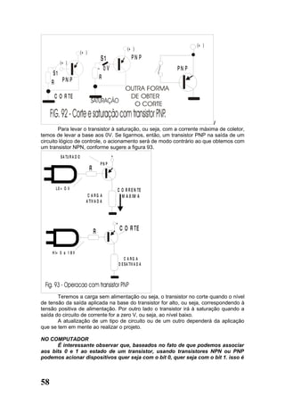 (+ )
                                                               (+ )
                           (+ )
                                           S1                     PN P
         (+ )
                                          ~ 0V                               PN P
      S1
                                           R
     R PN P

      C O R TE



                                                                          /
        Para levar o transistor à saturação, ou seja, com a corrente máxima de coletor,
temos de levar a base aos 0V. Se ligarmos, então, um transistor PNP na saída de um
circuito lógico de controle, o acionamento será de modo contrário ao que obtemos com
um transistor NPN, conforme sugere a figura 93.
          S A TU R A D O                         +
                                          PN P
                                  R

       L0 = O V                                          C O R R E N TE
                               C ARG A                     M A X IM A
                              A TIV A D A



                                                     +
                                      R                   C O R TE


     H I= 5 a 1 8 V
                                                             C A RG A
                                                         D E S A TIV A D A




       Teremos a carga sem alimentação ou seja, o transistor no corte quando o nível
de tensão da saída aplicada na base do transistor for alto, ou seja, correspondendo à
tensão positiva de alimentação. Por outro lado o transistor irá à saturação quando a
saída do circuito de corrente for a zero V, ou seja, ao nível baixo.
       A atualização de um tipo de circuito ou de um outro dependerá da aplicação
que se tem em mente ao realizar o projeto.

NO COMPUTADOR
      É interessante observar que, baseados no fato de que podemos associar
aos bits 0 e 1 ao estado de um transistor, usando transistores NPN ou PNP
podemos acionar dispositivos quer seja com o bit 0, quer seja com o bit 1. isso é



58
 