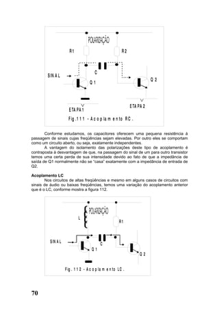 R1                                  R2



                                        C
        S IN A L
                                                                           Q2
                                    Q1



                                                               E TA PA 2
                      E TA PA 1
                      F ig . 1 1 1 - A c o p la m e n to R C .

       Conforme estudamos, os capacitores oferecem uma pequena resistência à
passagem de sinais cujas freqüências sejam elevadas. Por outro eles se comportam
como um circuito aberto, ou seja, exatamente independentes.
       A vantagem do isolamento das polarizações deste tipo de acoplamento é
contraposta à desvantagem de que, na passagem do sinal de um para outro transistor
temos uma certa perda de sua intensidade devido ao fato de que a impedância de
saída de Q1 normalmente não se “casa” exatamente com a impedância de entrada de
Q2.

Acoplamento LC
       Nos circuitos de altas freqüências e mesmo em alguns casos de circuitos com
sinais de áudio ou baixas freqüências, temos uma variação do acoplamento anterior
que é o LC, conforme mostra a figura 112.




                             L
                                                        R1



         S IN A L                           C
                                      Q1
                                                                    Q2


                    F ig . 1 1 2 - A c o p la m e n to L C .




70
 