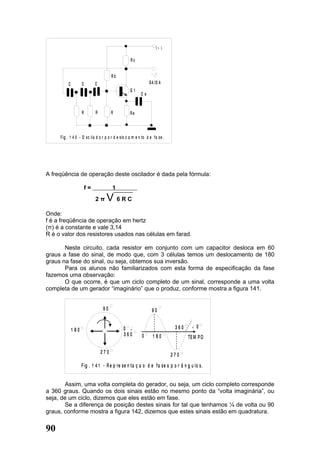 {+ }


                                                    Rc


                                        Rb
          C          C        C                                 S A ID A
                                                    Q1
                                                           Ce


                     R        R         R           Re



     F ig . 1 4 0 - O sc il a d o r p o r d e slo c a m e n to d e f a se .




A freqüência de operação deste oscilador é dada pela fórmula:

                         f=             1
                              2π    V 6RC
Onde:
f é a freqüência de operação em hertz
(π) é a constante e vale 3,14
R é o valor dos resistores usados nas células em farad.

       Neste circuito, cada resistor em conjunto com um capacitor desloca em 60
graus a fase do sinal, de modo que, com 3 células temos um deslocamento de 180
graus na fase do sinal, ou seja, obtemos sua inversão.
       Para os alunos não familiarizados com esta forma de especificação da fase
fazemos uma observação:
       O que ocorre, é que um ciclo completo de um sinal, corresponde a uma volta
completa de um gerador “imaginário” que o produz, conforme mostra a figura 141.


                                  90                              90


                                               0 =                             360     =   0
              1 80
                                               360          0      1 80              TE M P O

                                  270                                         270
                     F i g . 1 4 1 - R e p re se n ta ç a o d e fa se s p o r â n g u l o s.


       Assim, uma volta completa do gerador, ou seja, um ciclo completo corresponde
a 360 graus. Quando os dois sinais estão no mesmo ponto da “volta imaginária”, ou
seja, de um ciclo, dizemos que eles estão em fase.
       Se a diferença de posição destes sinais for tal que tenhamos ¼ de volta ou 90
graus, conforme mostra a figura 142, dizemos que estes sinais estão em quadratura.


90
 