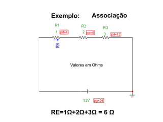 Exemplo: Associação 
Valores em Ohms 
RE=1Ω+2Ω+3Ω = 6 Ω 
 