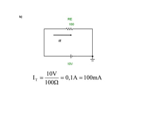 b) 
IT 
I 10V T = = = 
0,1A 100mA 
100Ω 
 