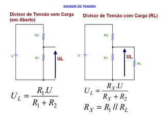 = . 
U R U L + 
1 
R R 
1 2 
DIVISOR DE TENSÃO 
U = R X 
. 
U 
L R X 
+ 
R2 
RX = R1 // RL 
 