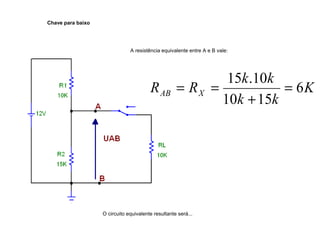 Chave para baixo 
A resistência equivalente entre A e B vale: 
R R k k AB X 6 
O circuito equivalente resultante será... 
K 
15 .10 = 
k + 
k 
10 15 
= = 
 