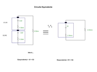 Circuito Equivalente 
Isto é... 
E(equivalente) = E1 + E2 R(equivalente) = R1 + R2 
E1,R1 
E2,R2 
E 
E 
,R 
E 
 