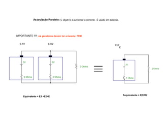 Associação Paralelo: O objetivo é aumentar a corrente. É usado em baterias. 
IMPORTANTE !!!!: os geradores devem ter a mesma FEM 
E,R1 E,R2 E,R 
E 
Equivalente = E1 =E2=E Requivalente = R1//R2 
 