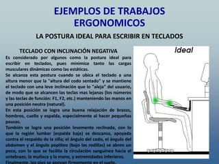 EJEMPLOS DE TRABAJOS
ERGONOMICOS
TECLADO CON INCLINACIÓN NEGATIVA
Es considerado por algunos como la postura ideal para
escribir en teclados, pues minimiza tanto las cargas
musculares dinámicas como las estáticas.
Se alcanza esta postura cuando se ubica el teclado a una
altura menor que la "altura del codo sentado" y se mantiene
el teclado con una leve inclinación que lo "aleja" del usuario,
de modo que se alcancen las teclas mas lejanas (los números
y las teclas de función: F1, F2, etc.) manteniendo las manos en
una posición neutra (natural).
En esta posición se logra una buena relajación de brazos,
hombros, cuello y espalda, especialmente al hacer pequeñas
pausas.
También se logra una posición levemente reclinada, con lo
que la región lumbar (espalda baja) se descansa, apoyada
contra el respaldo de la silla; el ángulo del codo, el ángulo del
abdomen y el ángulo poplíteo (bajo las rodillas) se abren un
poco, con lo que se facilita la circulación sanguínea hacia el
antebrazo, la muñeca y la mano, y extremidades inferiores.
LA POSTURA IDEAL PARA ESCRIBIR EN TECLADOS
 