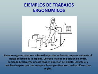 Cuando se gira el cuerpo al mismo tiempo que se levanta un peso, aumenta el
riesgo de lesión de la espalda. Coloque los pies en posición de andar,
poniendo ligeramente uno de ellos en dirección del objeto. Levántelo, y
desplace luego el peso del cuerpo sobre el pie situado en la dirección en que
se gira.
EJEMPLOS DE TRABAJOS
ERGONOMICOS
 