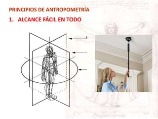 PRINCIPIOS DE ANTROPOMETRÍA
1. ALCANCE FÁCIL EN TODO
 