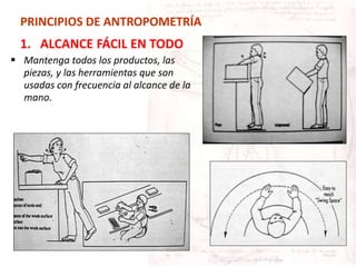  Mantenga todos los productos, las
piezas, y las herramientas que son
usadas con frecuencia al alcance de la
mano.
PRINCIPIOS DE ANTROPOMETRÍA
1. ALCANCE FÁCIL EN TODO
 