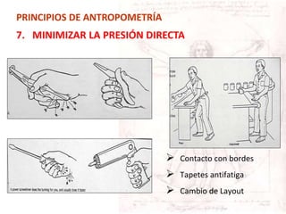 PRINCIPIOS DE ANTROPOMETRÍA
7. MINIMIZAR LA PRESIÓN DIRECTA
 Contacto con bordes
 Tapetes antifatiga
 Cambio de Layout
 