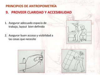 PRINCIPIOS DE ANTROPOMETRÍA
9. PROVEER CLARIDAD Y ACCESIBILIDAD
1. Asegurar adecuado espacio de
trabajo, layout bien definido
2. Asegurar buen acceso y visibilidad a
las cosas que necesite
 