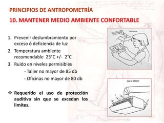 PRINCIPIOS DE ANTROPOMETRÍA
10. MANTENER MEDIO AMBIENTE CONFORTABLE
1. Prevenir deslumbramiento por
exceso ó deficiencia de luz
2. Temperatura ambiente
recomendable 23°C +/- 2°C
3. Ruido en niveles permisibles
- Taller no mayor de 85 db
- Oficinas no mayor de 80 db
 Requerido el uso de protección
auditiva sin que se excedan los
limites.
 