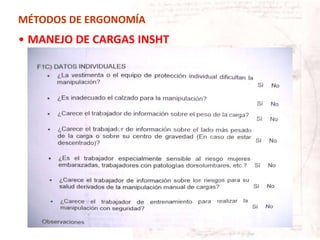 MÉTODOS DE ERGONOMÍA
• MANEJO DE CARGAS INSHT
 