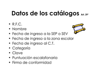 Datos de los catálogos  Art. 39° R.F.C. Nombre Fecha de ingreso a la SEP o SEV Fecha de ingreso a la zona escolar Fecha de ingreso al C.T. Categoría Clave Puntuación escalafonaria  Firma de conformidad 