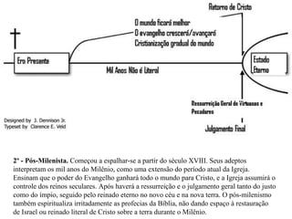 2º - Pós-Milenista. Começou a espalhar-se a partir do século XVIII. Seus adeptos 
interpretam os mil anos do Milênio, como uma extensão do período atual da Igreja. 
Ensinam que o poder do Evangelho ganhará todo o mundo para Cristo, e a Igreja assumirá o 
controle dos reinos seculares. Após haverá a ressurreição e o julgamento geral tanto do justo 
como do ímpio, seguido pelo reinado eterno no novo céu e na nova terra. O pós-milenismo 
também espiritualiza irritadamente as profecias da Bíblia, não dando espaço à restauração 
de Israel ou reinado literal de Cristo sobre a terra durante o Milênio. 
 