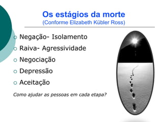 Os estágios da morte
           (Conforme Elizabeth Kübler Ross)

   Negação- Isolamento
   Raiva- Agressividade
   Negociação
   Depressão
   Aceitação
Como ajudar as pessoas em cada etapa?
 