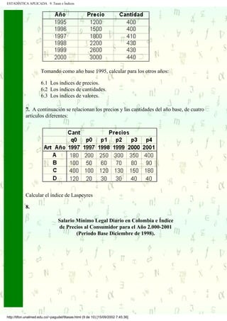ESTADÍSTICA APLICADA 9. Tasas e Índices




                      Tomando como año base 1995, calcular para los otros años:

                      6.1 Los índices de precios.
                      6.2 Los índices de cantidades.
                      6.3 Los índices de valores.

            7. A continuación se relacionan los precios y las cantidades del año base, de cuatro
            artículos diferentes:




            Calcular el índice de Laspeyres

            8.

                                 Salario Mínimo Legal Diario en Colombia e Índice
                                 de Precios al Consumidor para el Año 2.000-2001
                                         (Periodo Base Diciembre de 1998).




http://tifon.unalmed.edu.co/~pagudel/9tasas.html (9 de 10) [15/09/2002 7:45:36]
 