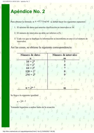 ESTADÍSTICA APLICADA Apéndice No. 2




               Apéndice No. 2
               Para obtener la fórmula m                                   se deben hacer los siguientes supuestos:

                   1. El mínimo de datos que amerita clasificación en intervalos es 16.

                   2. El número de intervalos no debe ser inferior a (5).

                   3. Cada vez que se duplique la información se incrementa en uno (1) el número de
                      intervalos.

               Así las cosas, se obtiene la siguiente correspondencia:




           .
           .
.....      .
           .
           .




               Se llega a la siguiente igualdad:

                       n = 2m –1

               Tomando logaritmo a ambos lados de la ecuación




 http://tifon.unalmed.edu.co/~pagudel/apendice2.html (1 de 2) [15/09/2002 7:49:28]
 