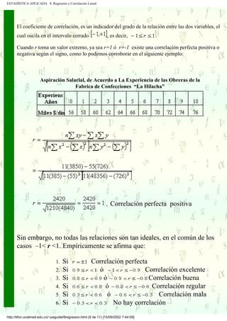 ESTADÍSTICA APLICADA 8. Regresión y Correlación Lineal




      El coeficiente de correlación, es un indicador del grado de la relación entre las dos variables, el
      cual oscila en el intervalo cerrado                        , es decir,          .

      Cuando r toma un valor extremo, ya sea r=1 ó r=-1 existe una correlación perfecta positiva o
      negativa según el signo, como lo podemos corroborar en el siguiente ejemplo:



                     Aspiración Salarial, de Acuerdo a La Experiencia de las Obreras de la
                                    Fabrica de Confecciones “La Hilacha”




                                                                ,   Correlación perfecta positiva



      Sin embargo, no todas las relaciones son tan ideales, en el común de los
      casos –1< r <1. Empíricamente se afirma que:

                               1.   Si                Correlación perfecta
                               2.   Si                  ó                Correlación excelente
                               3.   Si                    ó                Correlación buena
                               4.   Si                     ó                Correlación regular
                               5.   Si                      ó                 Correlación mala
                               6.   Si                        No hay correlación
http://tifon.unalmed.edu.co/~pagudel/8regresion.html (8 de 11) [15/09/2002 7:44:09]
 