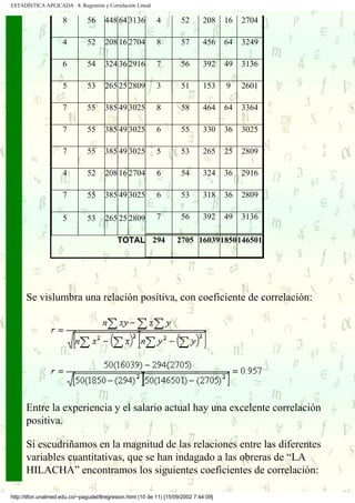 ESTADÍSTICA APLICADA 8. Regresión y Correlación Lineal

                     8         56      448 64 3136          4         52       208     16   2704

                     4         52      208 16 2704          8         57       456     64   3249

                     6         54      324 36 2916          7         56       392     49   3136

                     5         53      265 25 2809          3         51       153     9    2601

                     7         55      385 49 3025          8         58       464     64   3364

                     7         55      385 49 3025          6         55       330     36   3025

                     7         55      385 49 3025          5         53       265     25   2809

                     4         52      208 16 2704          6         54       324     36   2916

                     7         55      385 49 3025          6         53       318     36   2809

                     5         53      265 25 2809          7         56       392     49   3136

                                            TOTAL 294                2705 160391850146501




      Se vislumbra una relación positiva, con coeficiente de correlación:




      Entre la experiencia y el salario actual hay una excelente correlación
      positiva.

      Si escudriñamos en la magnitud de las relaciones entre las diferentes
      variables cuantitativas, que se han indagado a las obreras de “LA
      HILACHA” encontramos los siguientes coeficientes de correlación:

http://tifon.unalmed.edu.co/~pagudel/8regresion.html (10 de 11) [15/09/2002 7:44:09]
 