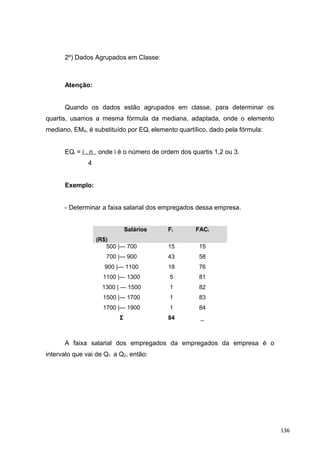 2º) Dados Agrupados em Classe:
Atenção:
Quando os dados estão agrupados em classe, para determinar os
quartis, usamos a mesma fórmula da mediana, adaptada, onde o elemento
mediano, EMe, é substituído por EQi, elemento quartílico, dado pela fórmula:
EQi = i . n , onde i é o número de ordem dos quartis 1,2 ou 3.
4
Exemplo:
- Determinar a faixa salarial dos empregados dessa empresa.
Salários
(R$)
Fi FACi
500 |— 700
700 |— 900
900 |— 1100
1100 |— 1300
1300 | — 1500
1500 |— 1700
1700 |— 1900
Σ
15
43
18
5
1
1
1
84
15
58
76
81
82
83
84
_
A faixa salarial dos empregados da empregados da empresa é o
intervalo que vai de Q1 a Q2, então:
136
 