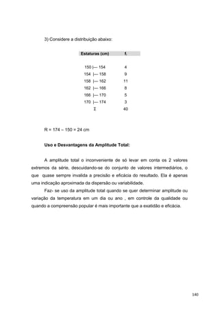 3) Considere a distribuição abaixo:
Estaturas (cm) fi
150 |— 154
154 |— 158
158 |— 162
162 |— 166
166 |— 170
170 |— 174
Σ
4
9
11
8
5
3
40
R = 174 – 150 = 24 cm
Uso e Desvantagens da Amplitude Total:
A amplitude total o inconveniente de só levar em conta os 2 valores
extremos da série, descuidando-se do conjunto de valores intermediários, o
que quase sempre invalida a precisão e eficácia do resultado. Ela é apenas
uma indicação aproximada da dispersão ou variabilidade.
Faz- se uso da amplitude total quando se quer determinar amplitude ou
variação da temperatura em um dia ou ano , em controle da qualidade ou
quando a compreensão popular é mais importante que a exatidão e eficácia.
140
 