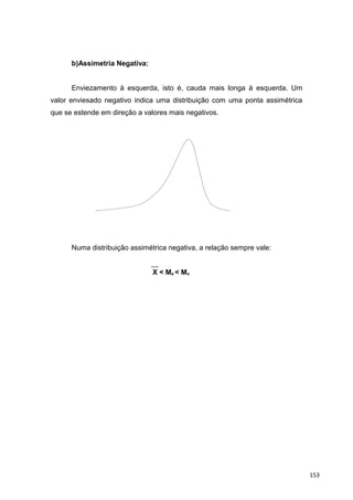 b)Assimetria Negativa:
Enviezamento à esquerda, isto é, cauda mais longa à esquerda. Um
valor enviesado negativo indica uma distribuição com uma ponta assimétrica
que se estende em direção a valores mais negativos.
Numa distribuição assimétrica negativa, a relação sempre vale:
X < Me < Mo
153
 