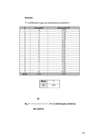 Solução:
1º ) Verificando o grau de assimetria da variável X:
X (X-media)3
[(X-media) 3
/S3
1 -8 -10.35
2 -1 -1.29
2 -1 -1.29
2 -1 -1.29
2 -1 -1.29
3 0 0.00
3 0 0.00
3 0 0.00
3 0 0.00
3 0 0.00
3 0 0.00
3 0 0.00
3 0 0.00
3 0 0.00
3 0 0.00
4 1 1.29
4 1 1.29
4 1 1.29
4 1 1.29
5 8 10.35
Soma 0.00 0.00
Média 3
S 0.92
20
MAS = ──────────── . 0 = 0, distribuição simétrica
(20-1)(20-2)
160
 