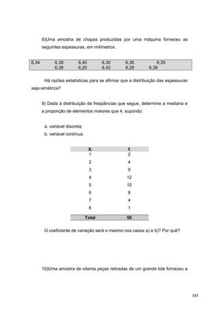 8)Uma amostra de chapas produzidas por uma máquina forneceu as
seguintes espessuras, em milímetros:
6,34 6,38 6,40 6,30 6,36 6,35
6,38 6,20 6,42 6,28 6,38
Há razões estatísticas para se afirmar que a distribuição das espessuras
seja simétrica?
9) Dada à distribuição de freqüências que segue, determine a mediana e
a proporção de elementos maiores que 4, supondo:
a. variável discreta;
b. variável contínua.
Xi fi
1
2
3
4
5
6
7
8
2
4
9
12
10
8
4
1
Total 50
O coeficiente de variação será o mesmo nos casos a) e b)? Por quê?
10)Uma amostra de oitenta peças retiradas de um grande lote forneceu a
183
 