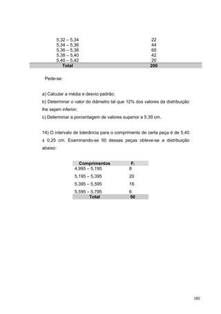 5,32 – 5,34 22
5,34 – 5,36 44
5,36 – 5,38 60
5,38 – 5,40 42
5,40 – 5,42 20
Total 200
Pede-se:
a) Calcular a média e desvio padrão;
b) Determinar o valor do diâmetro tal que 12% dos valores da distribuição
lhe sejam inferior;
c) Determinar a porcentagem de valores superior a 5,39 cm.
14) O intervalo de tolerância para o comprimento de certa peça é de 5,40
± 0,25 cm. Examinando-se 50 dessas peças obteve-se a distribuição
abaixo:
Comprimentos Fi
4,995 – 5,195
5,195 – 5,395
5,395 – 5,595
5,595 – 5,795
8
20
16
6
Total 50
185
 