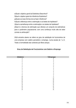 e)Qual o objetivo geral da Estatística Descritiva?
f)Qual o objetivo geral da Inferência Estatística?
g)Quais as duas formas de se fazer inferência?
h)Qual a diferença entre a estimação e os testes de hipóteses?
i)Qual a semelhança entre a estimação e os testes de hipóteses?
j)Qual é a técnica de estimação que oferece um conjunto de estimativas
para o parâmetro populacional, com uma confiança muito alta de estar
correta na atribuição?
22)A amostra abaixo se refere ao grau de satisfação de funcionários de
uma empresa com salário percebido e emprego, numa escala de 1 a 5.
Teste a normalidade das variáveis por Bera-Jarque.
Grau de Satisfação de Funcionários com Salário e Emprego
X(Salário) Y(Emprego)
1 1
1 1
1 1
1 1
1 1
1 1
1 1
1 1
1 1
1 1
1 1
2 1
2 2
2 2
2 2
2 2
3 3
4 4
4 4
5 5
191
 