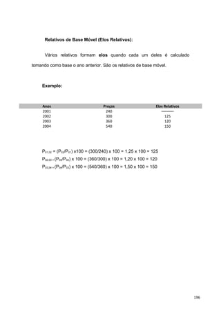 Relativos de Base Móvel (Elos Relativos):
Vários relativos formam elos quando cada um deles é calculado
tomando como base o ano anterior. São os relativos de base móvel.
Exemplo:
Anos Preços Elos Relativos
2001 240 ———
2002 300 125
2003 360 120
2004 540 150
P01,02 = (P02/P01) x100 = (300/240) x 100 = 1,25 x 100 = 125
P02,03 = (P03/P02) x 100 = (360/300) x 100 = 1,20 x 100 = 120
P03,04 = (P04/P03) x 100 = (540/360) x 100 = 1,50 x 100 = 150
196
 
