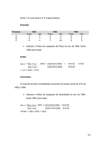 Onde ‘t’ é o ano atual e ‘0’ é a época básica.
Exemplo:
Produtos 1992 1993 1994
Preço Qte Preço Qte Preço Qte
A 3 2 2 3 2 3
B 4 1 5 2 5 2
C 6 4 7 4,5 8 5
• Calcular o Índice de Laspeyres de Preço do ano de 1994, tendo
1992 como base:
Então:
Lp92,94 = Σ(p94 x q92) . 100% = (2x2)+(5x1)+(8x4) = 4+5+32 = 41/34
Σ(p92 x q92) (3x2)+(4x1)+(6x4) 6+4+24
= 1,21 x 100% = 121%
Conclusão:
O conjunto de bens considerados aumentou de preços cerca de 21% de
1992 a 1994.
• Calcular o Índice de Laspeyres de Quantidade do ano de 1994,
tendo 1992 como base:
Lq92,94 = Σ(q94 x p92) . 100% = (3x3)+(2x4)+(5x6) = 9+8+30
Σ(q92 x p92) (2x3)+(1x4)+(4x6) 6+4+24
=47/34 = 1,382 x 100% = 138,2.
201
 