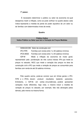 1º passo:
È necessário determinar o público ou setor da economia do qual
desejamos medir a inflação, como se pode verificar no quadro abaixo cada
índice representa a medida da perda de poder aquisitivo de um setor ou
de famílias com determinados níveis de renda.
Quadro
Público Índice
Índice Público ou Setor que tem a Variação de Preços Medidas
SINDUSCOM Setor da construção civil
IPC-FIPE Famílias com renda entre 1 e 30 salários mínimos
IPCA-IBGE Famílias com renda entre 1 e 44 salários mínimos
IGP-M Mede a inflação da economia de modo geral,
representado pela ponderação de três outros índices: IPA que mede os
preços no atacado, INCC que mede a variação dos preços na área da
construção civil e IPC que mede a variação de preços ao consumidor para
famílias com renda de até 30 salários mínimos.
Pelo quadro acima, pode-se concluir que em linhas gerais o IPC-
FIPE e o IPCA, devem produzir resultados bastante parecidos.
Entretanto, o IGP-M, em certas circunstâncias, poderá apresentar
variações muito diferentes, haja vista, o mesmo incluir a medida de
variação de preços no atacado, por exemplo, fato não abrangido pelos
demais, pelo menos na mesma forma.
210
 