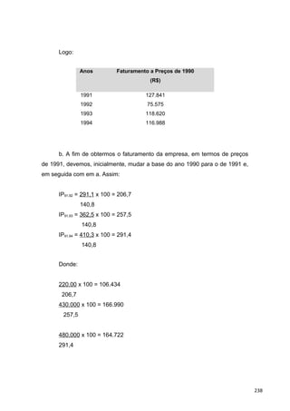 Logo:
Anos Faturamento a Preços de 1990
(R$)
1991
1992
1993
1994
127.841
75.575
118.620
116.988
b. A fim de obtermos o faturamento da empresa, em termos de preços
de 1991, devemos, inicialmente, mudar a base do ano 1990 para o de 1991 e,
em seguida com em a. Assim:
IP91,92 = 291,1 x 100 = 206,7
140,8
IP91,93 = 362,5 x 100 = 257,5
140,8
IP91,94 = 410,3 x 100 = 291,4
140,8
Donde:
220.00 x 100 = 106.434
206,7
430.000 x 100 = 166.990
257,5
480.000 x 100 = 164.722
291,4
238
 