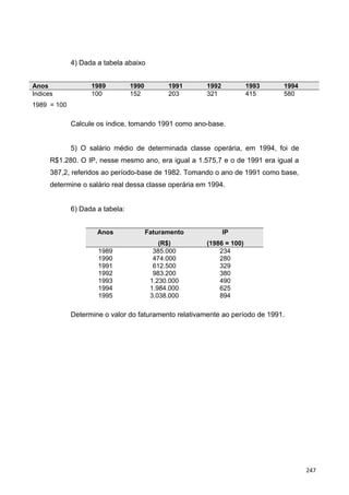 4) Dada a tabela abaixo
Anos 1989 1990 1991 1992 1993 1994
Indices
1989 = 100
100 152 203 321 415 580
Calcule os índice, tomando 1991 como ano-base.
5) O salário médio de determinada classe operária, em 1994, foi de
R$1.280. O IP, nesse mesmo ano, era igual a 1.575,7 e o de 1991 era igual a
387,2, referidos ao período-base de 1982. Tomando o ano de 1991 como base,
determine o salário real dessa classe operária em 1994.
6) Dada a tabela:
Anos Faturamento
(R$)
IP
(1986 = 100)
1989 385.000 234
1990 474.000 280
1991 612.500 329
1992 983.200 380
1993 1.230.000 490
1994 1.984.000 625
1995 3.038.000 894
Determine o valor do faturamento relativamente ao período de 1991.
247
 