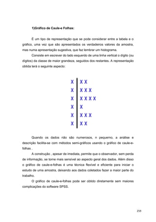 1)Gráfico de Caule-e Folhas:
É um tipo de representação que se pode considerar entre a tabela e o
gráfico, uma vez que são apresentados os verdadeiros valores da amostra,
mas numa apresentação sugestiva, que faz lembrar um histograma.
Consiste em escrever do lado esquerdo de uma linha vertical o dígito (ou
dígitos) da classe de maior grandeza, seguidos dos restantes. A representação
obtida terá o seguinte aspecto:
Quando os dados não são numerosos, n pequerno, a análise e
descrição facilita-se com métodos semi-gráficos usando o gráfico de caule-e-
folhas .
A construção , apesar de imediata, permite que o observador, sem perda
de informação, se torne mais sensível ao aspecto geral dos dados. Além disso
o gráfico de caule-e-folhas é uma técnica flexível e eficiente para iniciar o
estudo de uma amostra, deixando aos dados coletados fazer a maior parte do
trabalho.
O gráfico de caule-e-folhas pode ser obtido diretamente sem maiores
complicações do software SPSS.
259
 