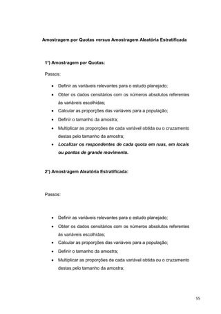 Amostragem por Quotas versus Amostragem Aleatória Estratificada
1a
) Amostragem por Quotas:
Passos:
• Definir as variáveis relevantes para o estudo planejado;
• Obter os dados censitários com os números absolutos referentes
às variáveis escolhidas;
• Calcular as proporções das variáveis para a população;
• Definir o tamanho da amostra;
• Multiplicar as proporções de cada variável obtida ou o cruzamento
destas pelo tamanho da amostra;
• Localizar os respondentes de cada quota em ruas, em locais
ou pontos de grande movimento.
2a
) Amostragem Aleatória Estratificada:
Passos:
• Definir as variáveis relevantes para o estudo planejado;
• Obter os dados censitários com os números absolutos referentes
às variáveis escolhidas;
• Calcular as proporções das variáveis para a população;
• Definir o tamanho da amostra;
• Multiplicar as proporções de cada variável obtida ou o cruzamento
destas pelo tamanho da amostra;
55
 
