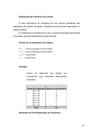 Distribuição de Frequência por Classe:
À cada subconjunto de resultados de uma variável quantitativa são
registradas nas cédulas da tabela a freqüência com que foram observados na
coleta de dados.
É a distribuição de freqüência em que a variável observada está dividida
em classes, que são subintervalos do intervalo total.
Formas de se representar uma Classe:
|—— → inclui à esquerda e exclui à direita
——| → exclui à esquerda e inclui à direita
|——| → inclui ambos
—— → exclui ambos
Exemplo:
Tempo em Segundos dos Gastos por
Funcionários para Preencher Determinado
Formulário
Tempo (em segundos) Número de funcionários
40 |― 45 3
45 |— 50 8
50 |— 55 16
55 |— 60 12
60 |— 65 7
65 |— 70 3
70 |— 75 1
Total 50
Elementos de Uma Distribuição de Frequência:
88
 